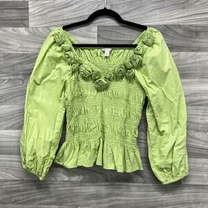 Cato Cropped Blouse Women's Medium Green Cotton Smocked Pleated‎ Balloon Sleeve